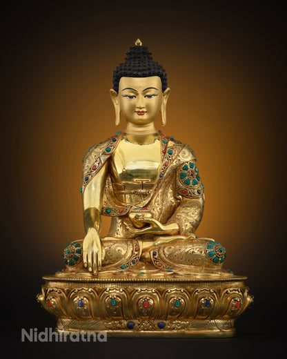 Shakyamuni Buddha Statue in gold fire-gilded copper, Bhumisparsha Mudra pose
