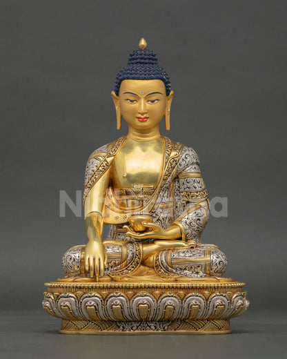 Shakyamuni Buddha statue gold fire gilded silver plated copper Nepal