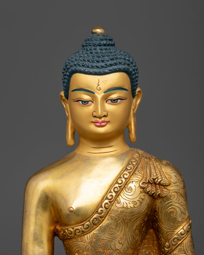 Shakyamuni Buddha statue with finely detailed gold-painted face and traditional Newari craftsmanship