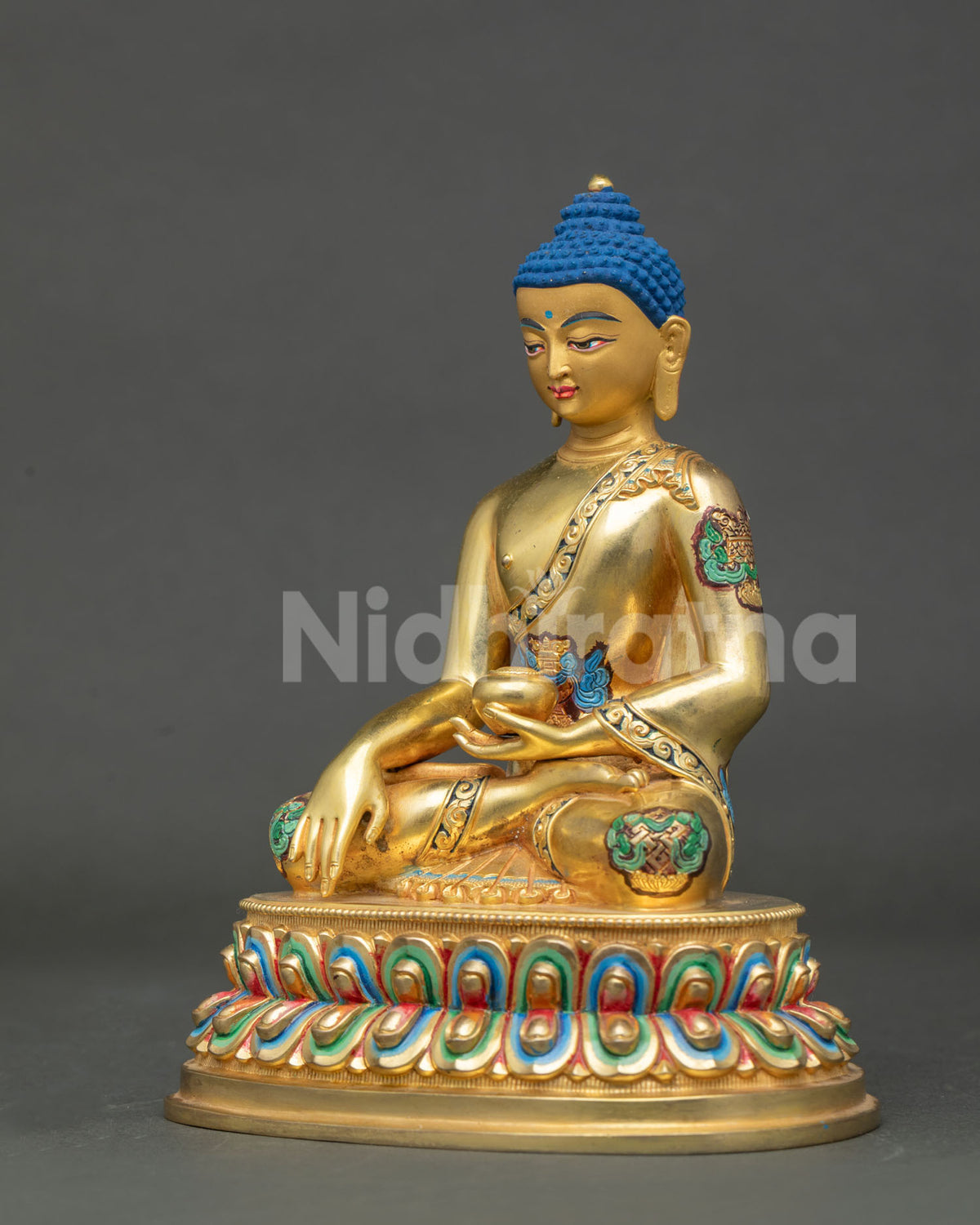 Shakyamuni Buddha statue hand carved Ashtamangala motifs detailed monk robe.