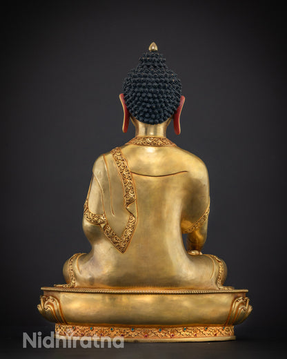 Shakyamuni Buddha statue, hand-carved copper robe detailing, back view