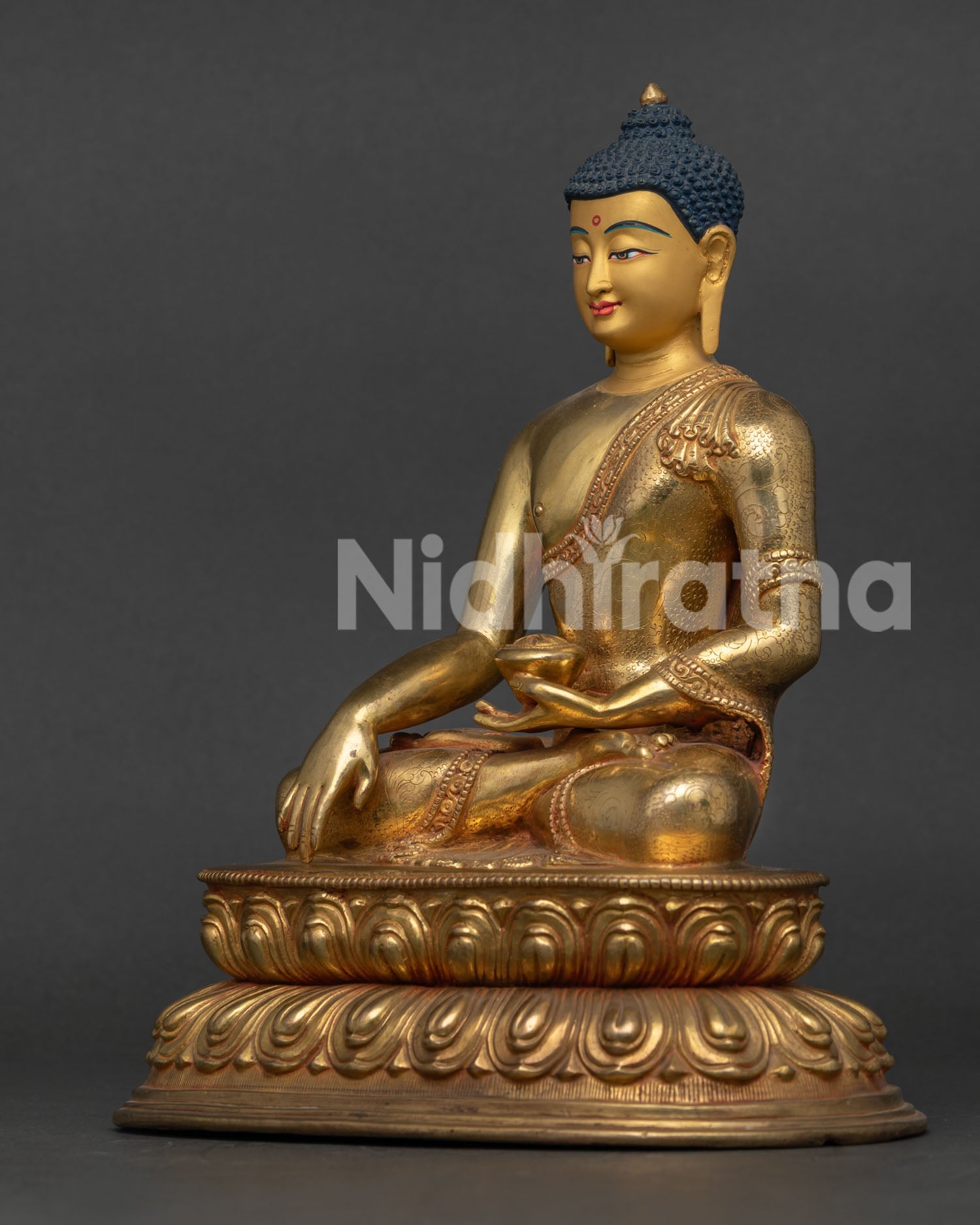 Shakyamuni Buddha Statue Hand Carved Floral Robe Vajra Lotus Side View.