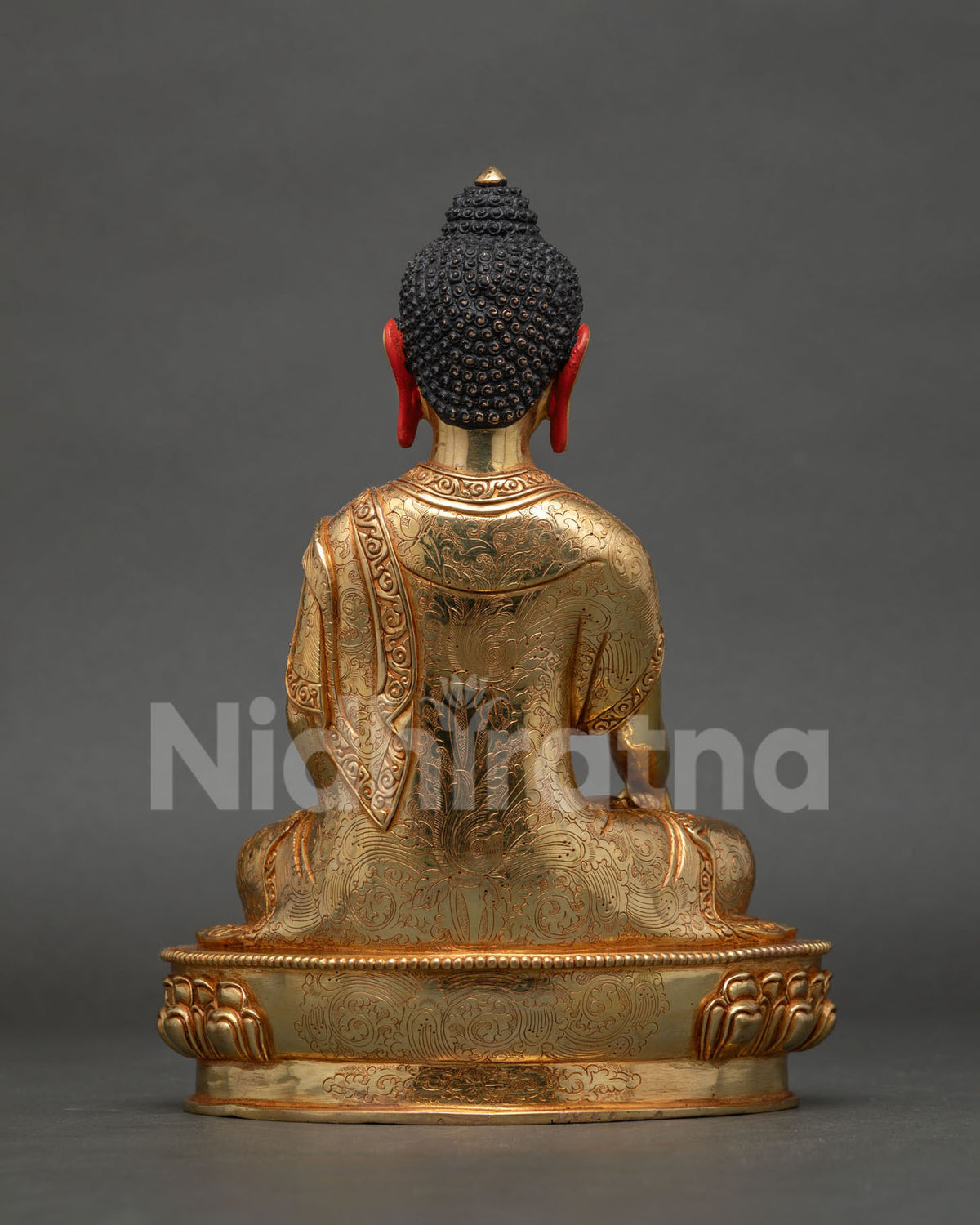 Shakyamuni Buddha statue hand carved lotus pedestal floral robe.