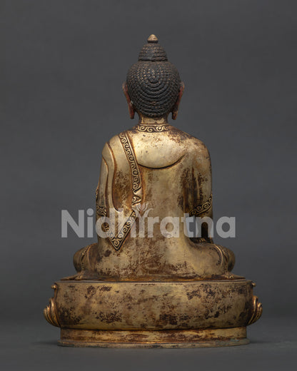 Shakyamuni Buddha Statue handcrafted by Newari artisans from Patan Nepal in gilded copper.