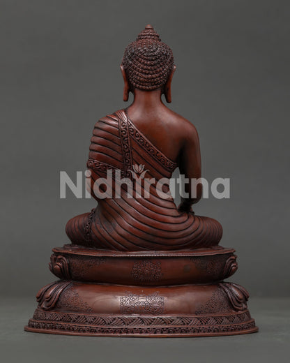 Shakyamuni Buddha statue handcrafted by Newari artisans in Patan Nepal with oxidized copper.