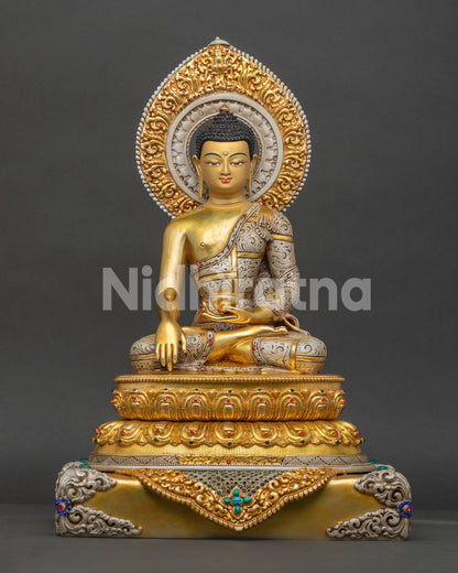 Shakyamuni Buddha Statue handcrafted from copper with 24K gold gilding and semi precious stones from Nepal