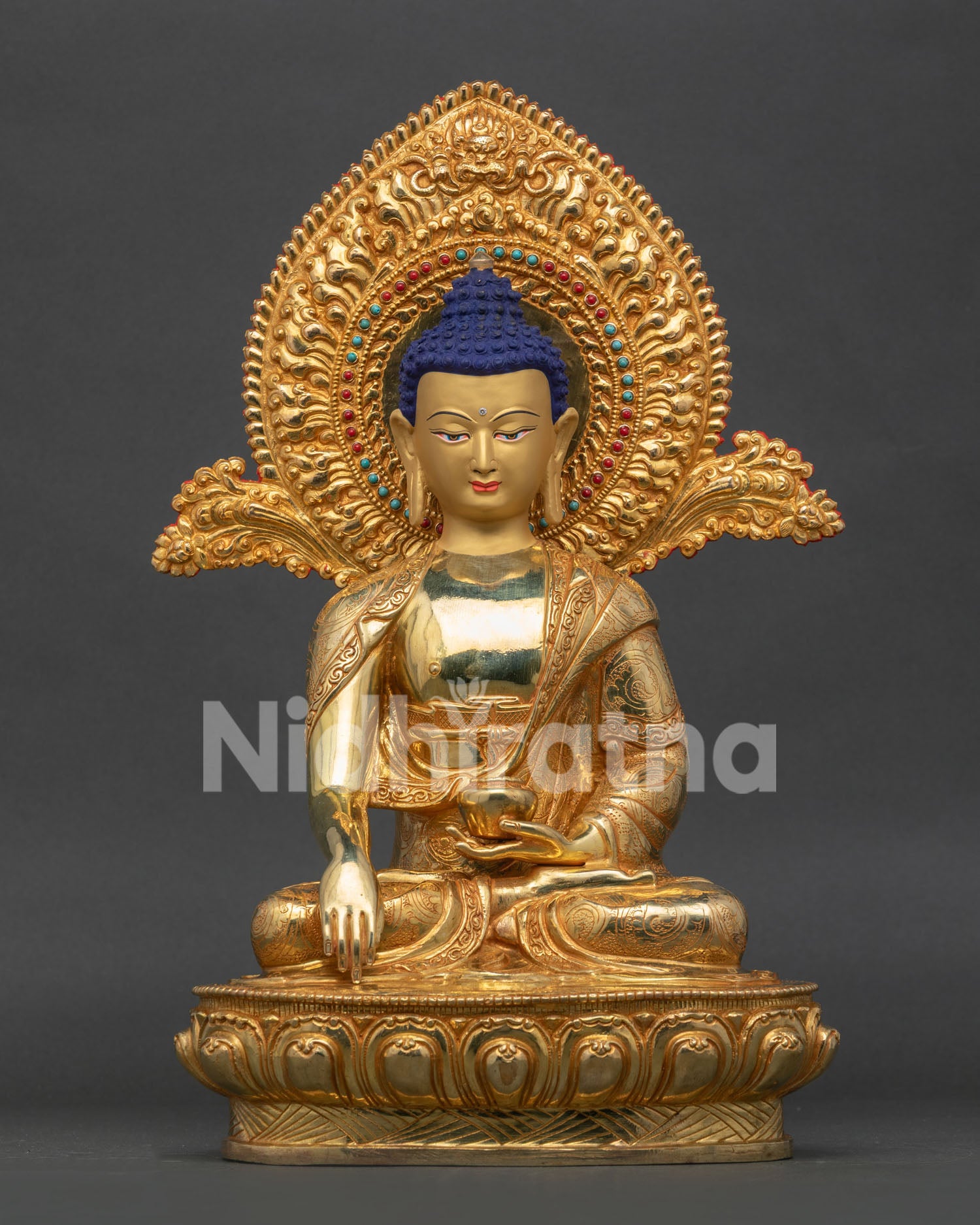 Shakyamuni Buddha Statue handcrafted in Nepal with 24K gold fire-gilding on lotus pedestal