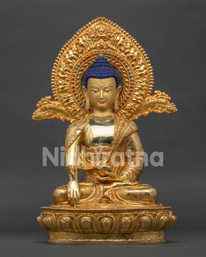 Shakyamuni Buddha Statue handcrafted in Nepal with 24K gold fire-gilding on lotus pedestal