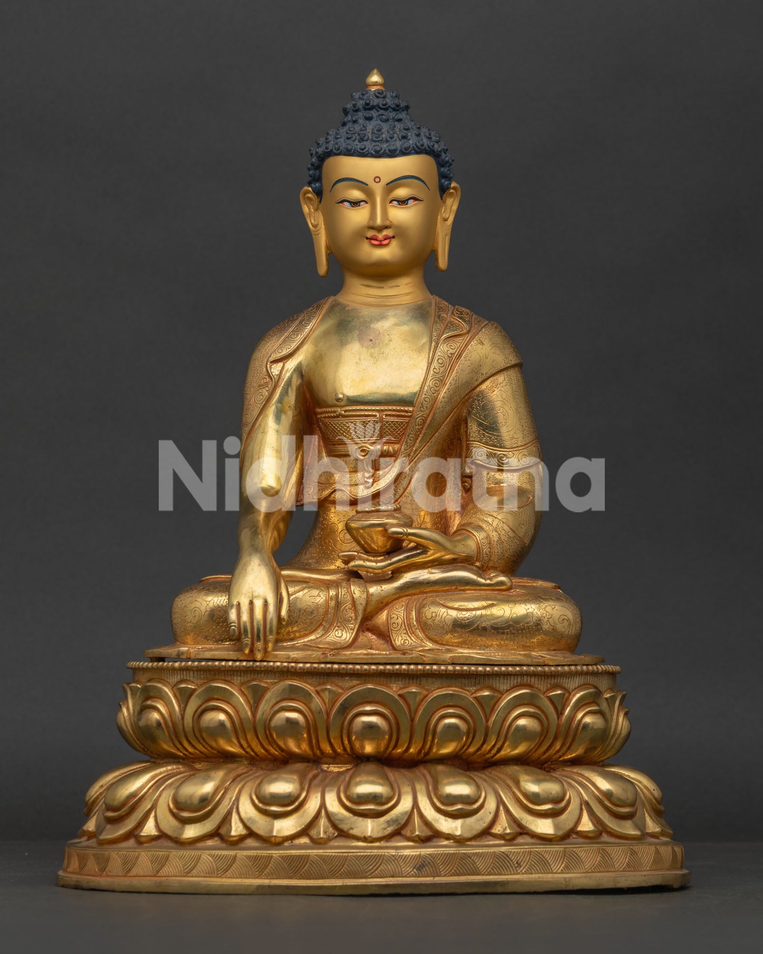 Shakyamuni Buddha Statue handcrafted in Nepal with 24K gold gilding front view