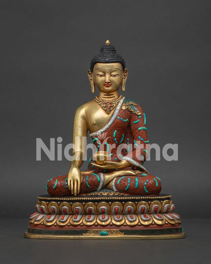 Shakyamuni Buddha Statue handcrafted in Nepal with 24K gold gilding and lotus throne front view
