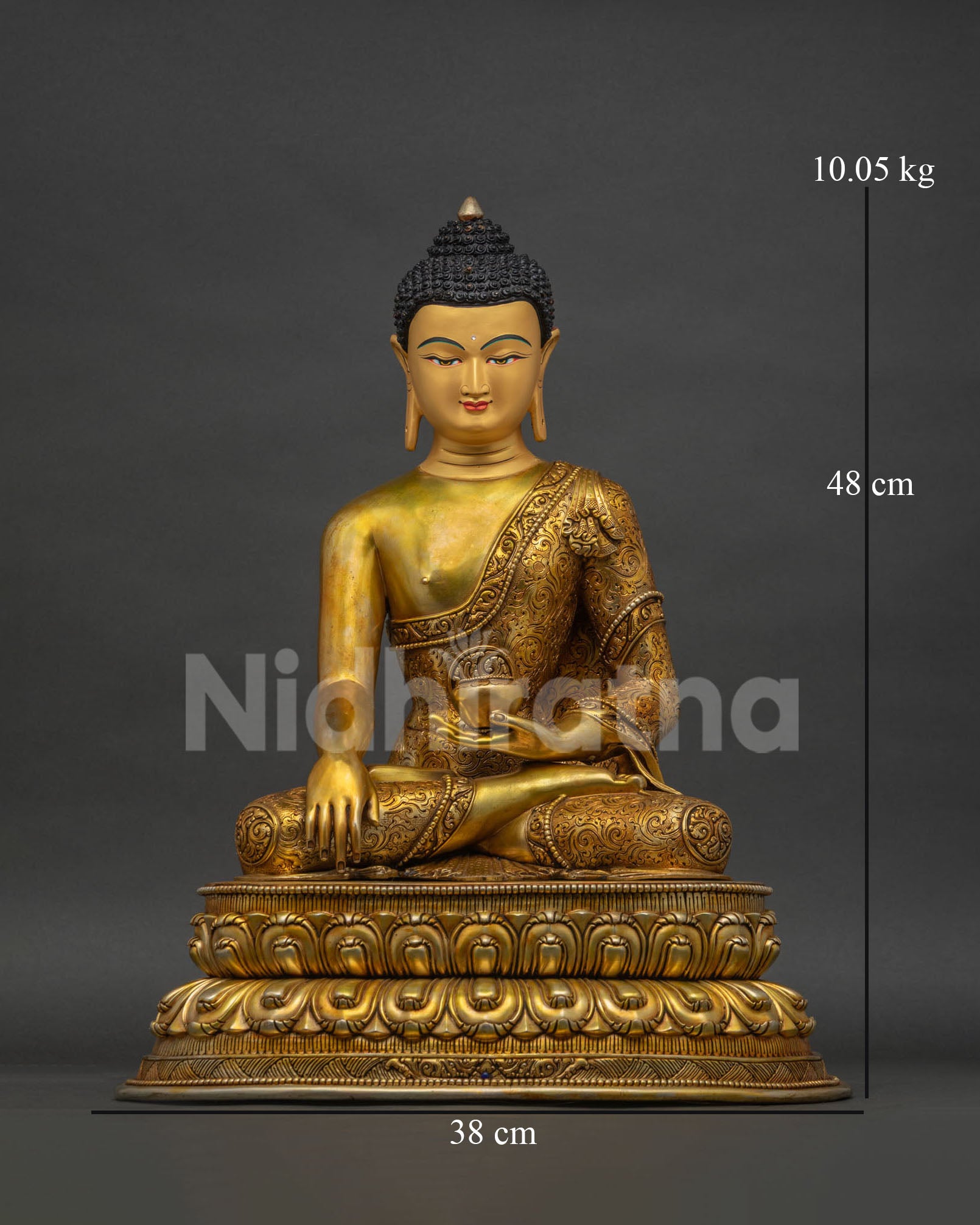 Shakyamuni Buddha Statue handcrafted in Nepal with 24K gold gilding front view