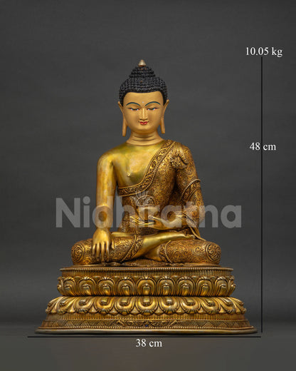 Shakyamuni Buddha Statue handcrafted in Nepal with 24K gold gilding front view