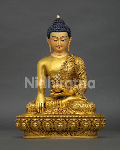 Shakyamuni Buddha statue, handcrafted in Nepal with 24K gold gilding, lotus throne, and semi precious stones