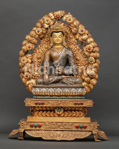 Shakyamuni Buddha Statue, handcrafted in Nepal with gold painted face and ornate throne