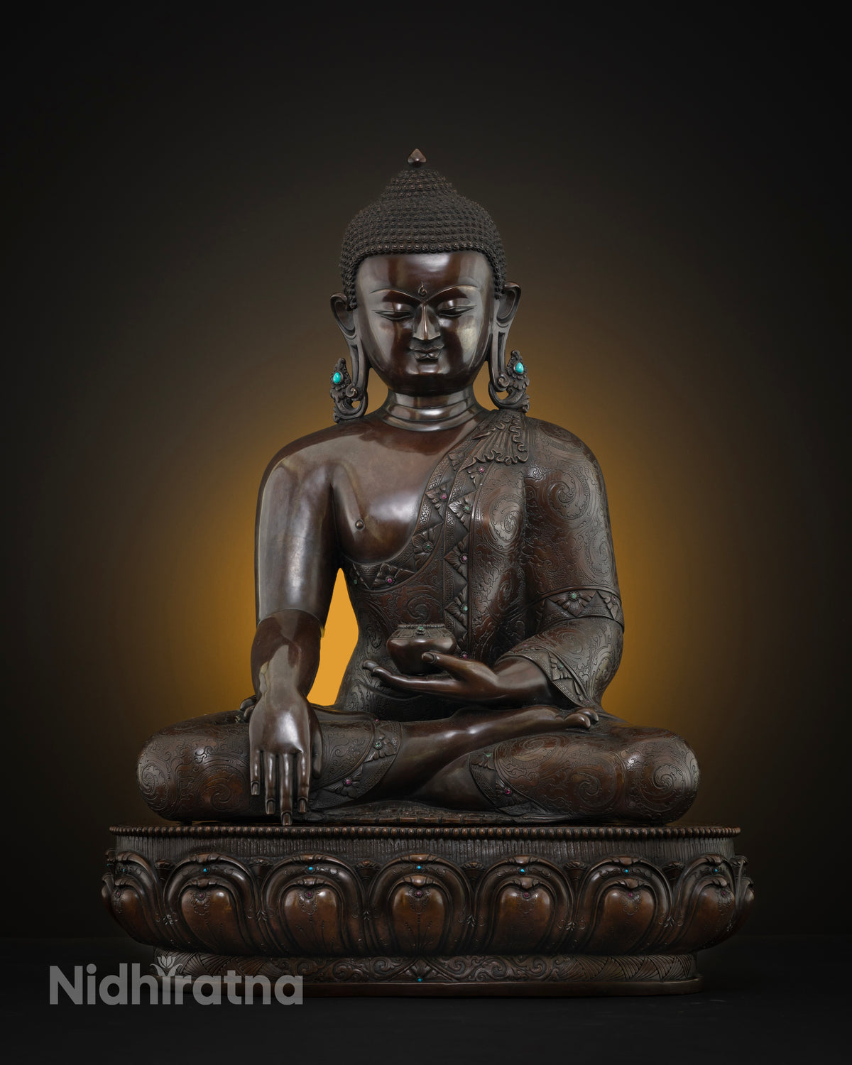 Shakyamuni Buddha Statue, handcrafted oxidized copper sculpture front view