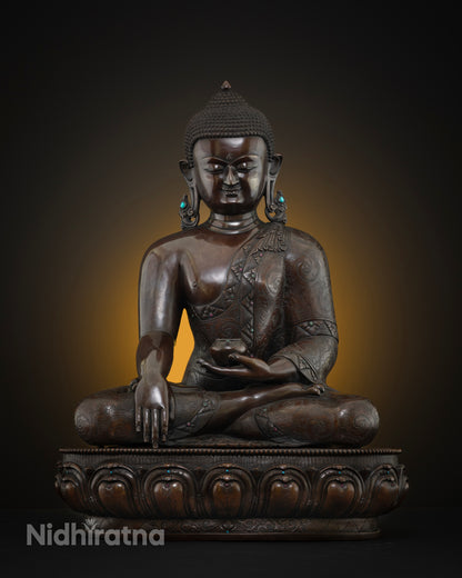 Shakyamuni Buddha Statue, handcrafted oxidized copper sculpture front view
