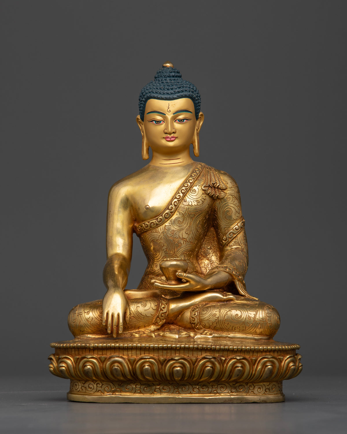 Shakyamuni Buddha Statue, handcrafted in Patan, Nepal with 24K gold fire gilding and lotus pedestal
