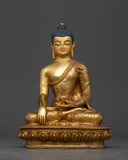 Shakyamuni Buddha Statue, handcrafted in Patan, Nepal with 24K gold fire gilding and lotus pedestal