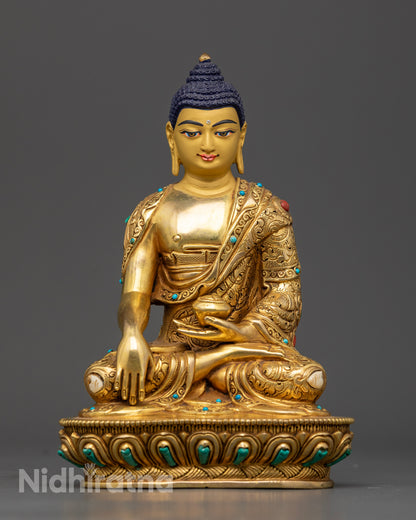 Shakyamuni Buddha Statue, handcrafted in Patan, Nepal with 24K gold fire-gilding and semi-precious stones