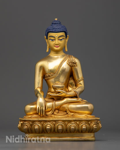 Shakyamuni Buddha Statue, handcrafted in Patan, Nepal with copper body and radiant gold-gilded finish
