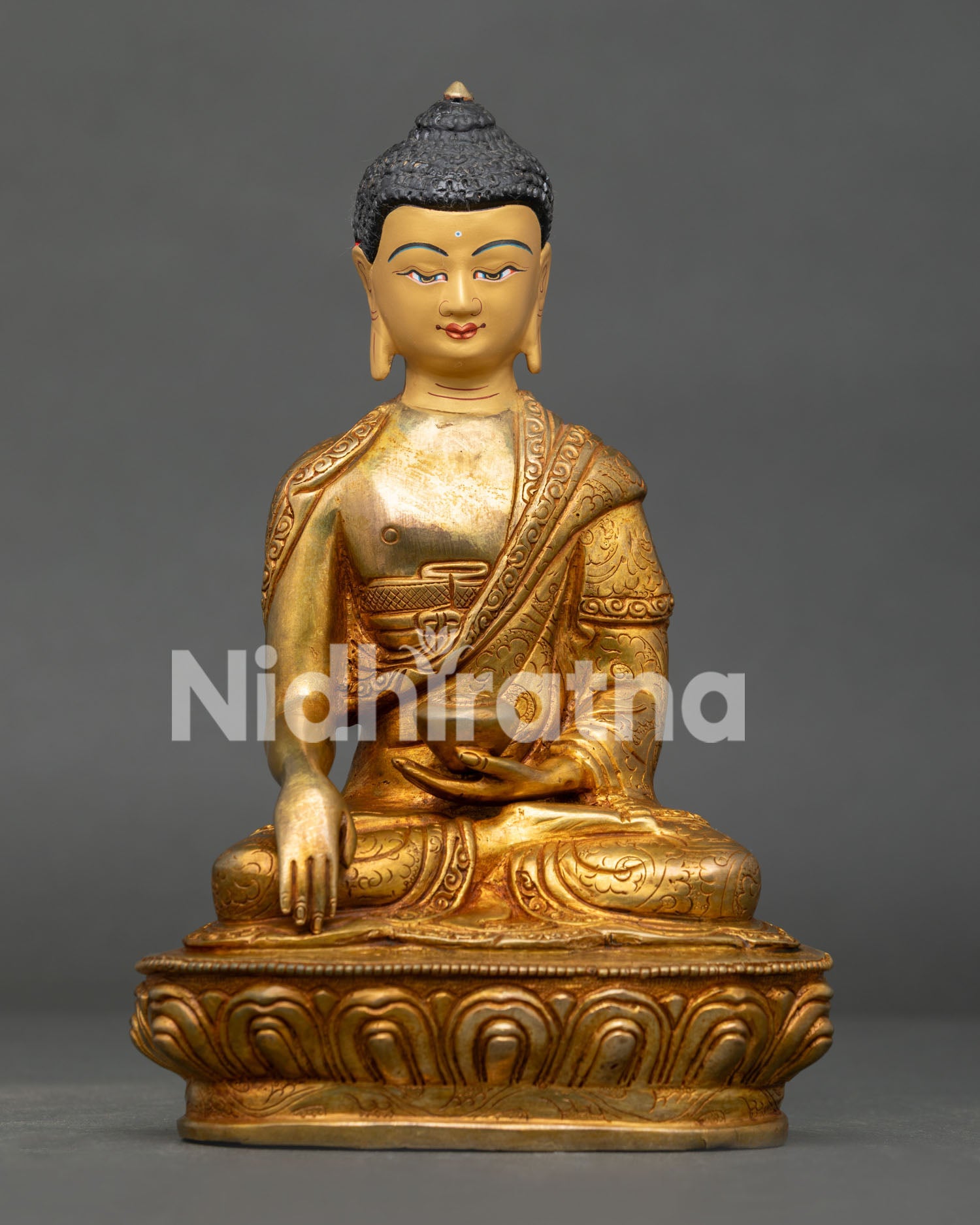 Shakyamuni Buddha statue handmade by Newari artisans in Patan Nepal with 24K gold fire gilding.