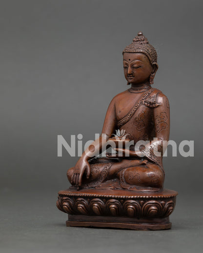 Shakyamuni Buddha Statue Handmade from Copper with Oxidized Finish on Lotus Pedestal.