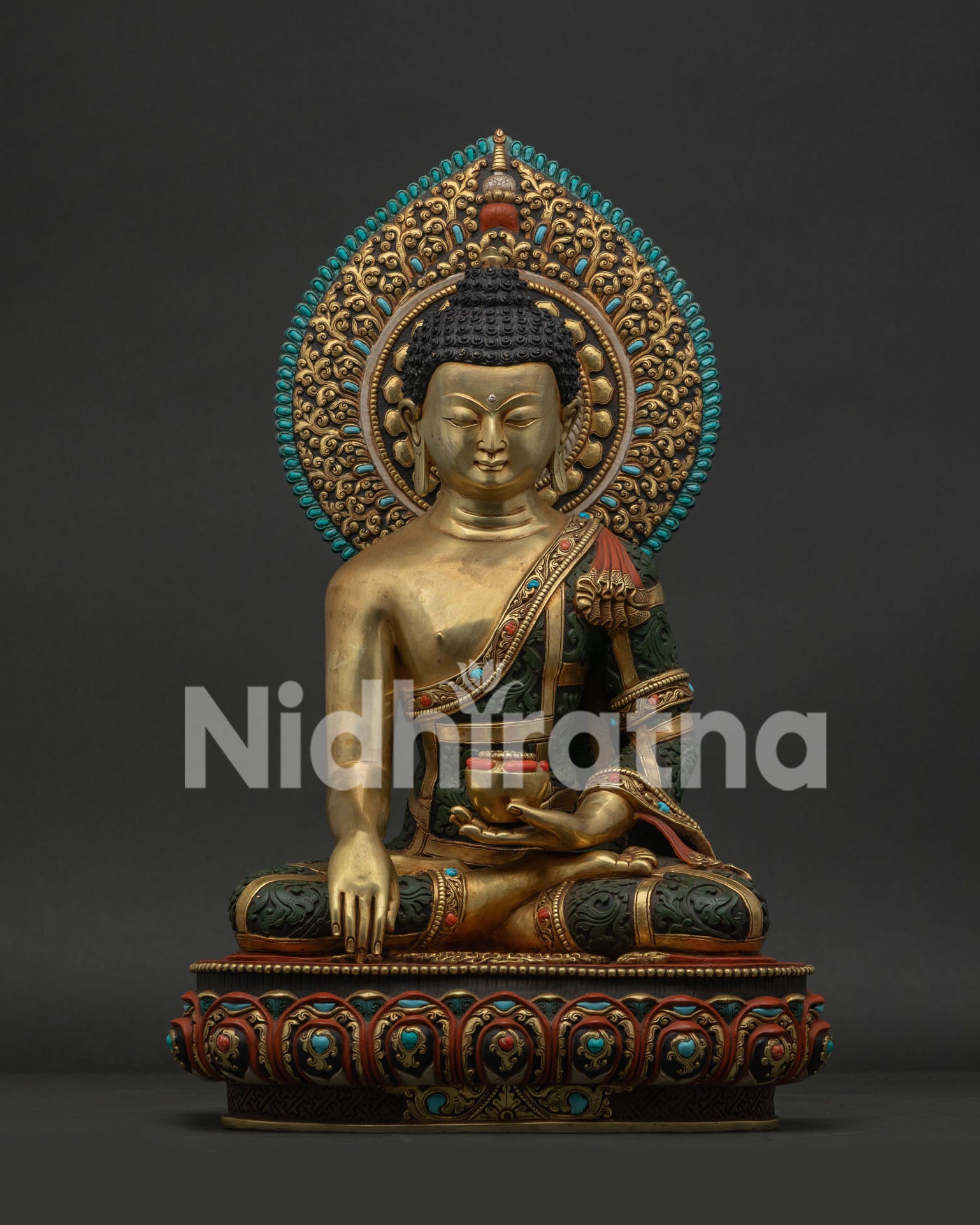Shakyamuni Buddha Statue Handmade in Nepal 24K Gold Gilded Copper Front View
