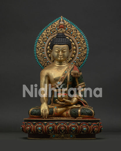 Shakyamuni Buddha Statue Handmade in Nepal 24K Gold Gilded Copper Front View