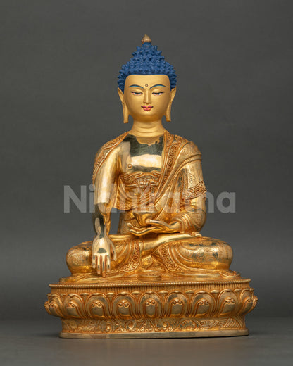 Shakyamuni Buddha statue handmade in Nepal copper sculpture with 24k gold gilding seated on lotus throne