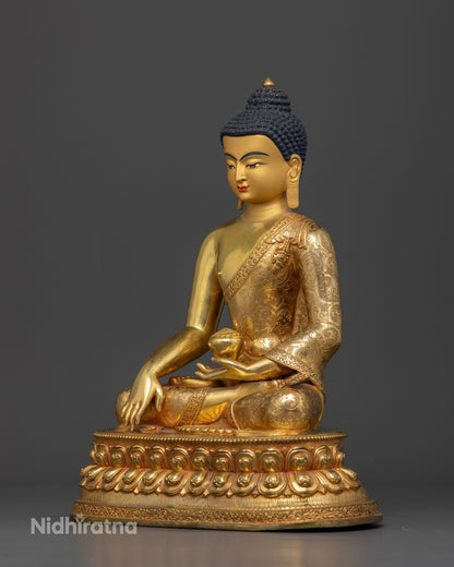 Shakyamuni Buddha statue in Bhumisparsha Mudra holding sacred alms bowl symbolizing enlightenment