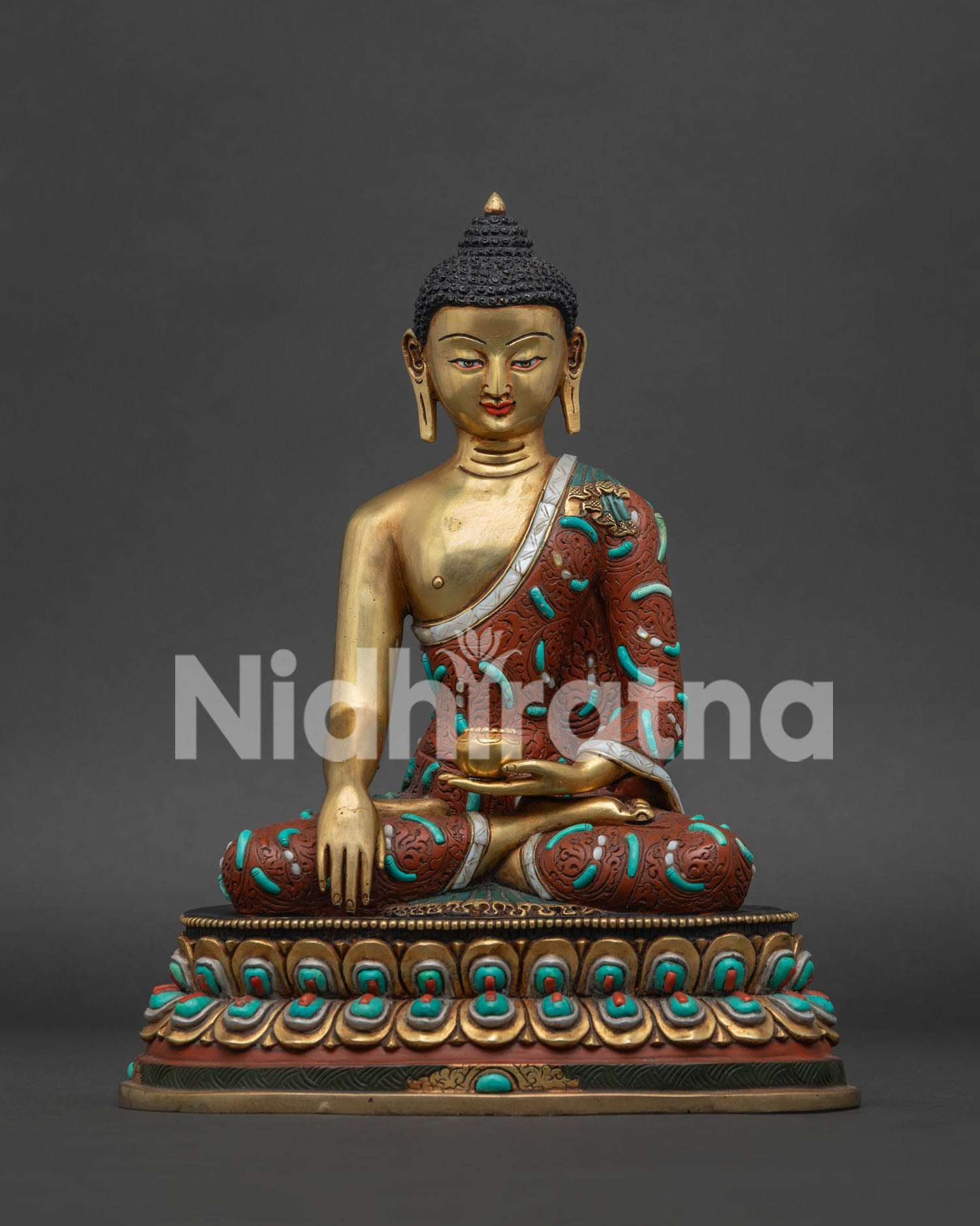 Shakyamuni Buddha statue in copper with 24K gold finish seated in Bhumisparsha Mudra on lotus throne