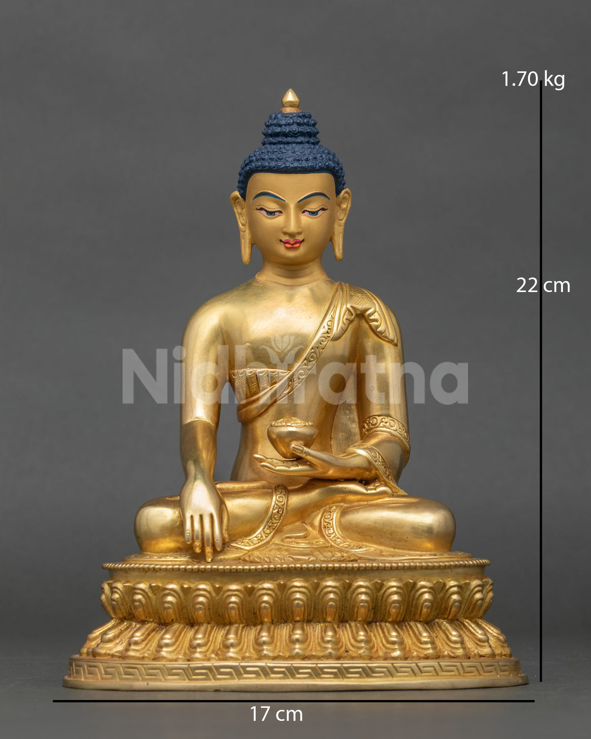 Shakyamuni buddha statue in earth touching mudra on hand carved double lotus pedestal.