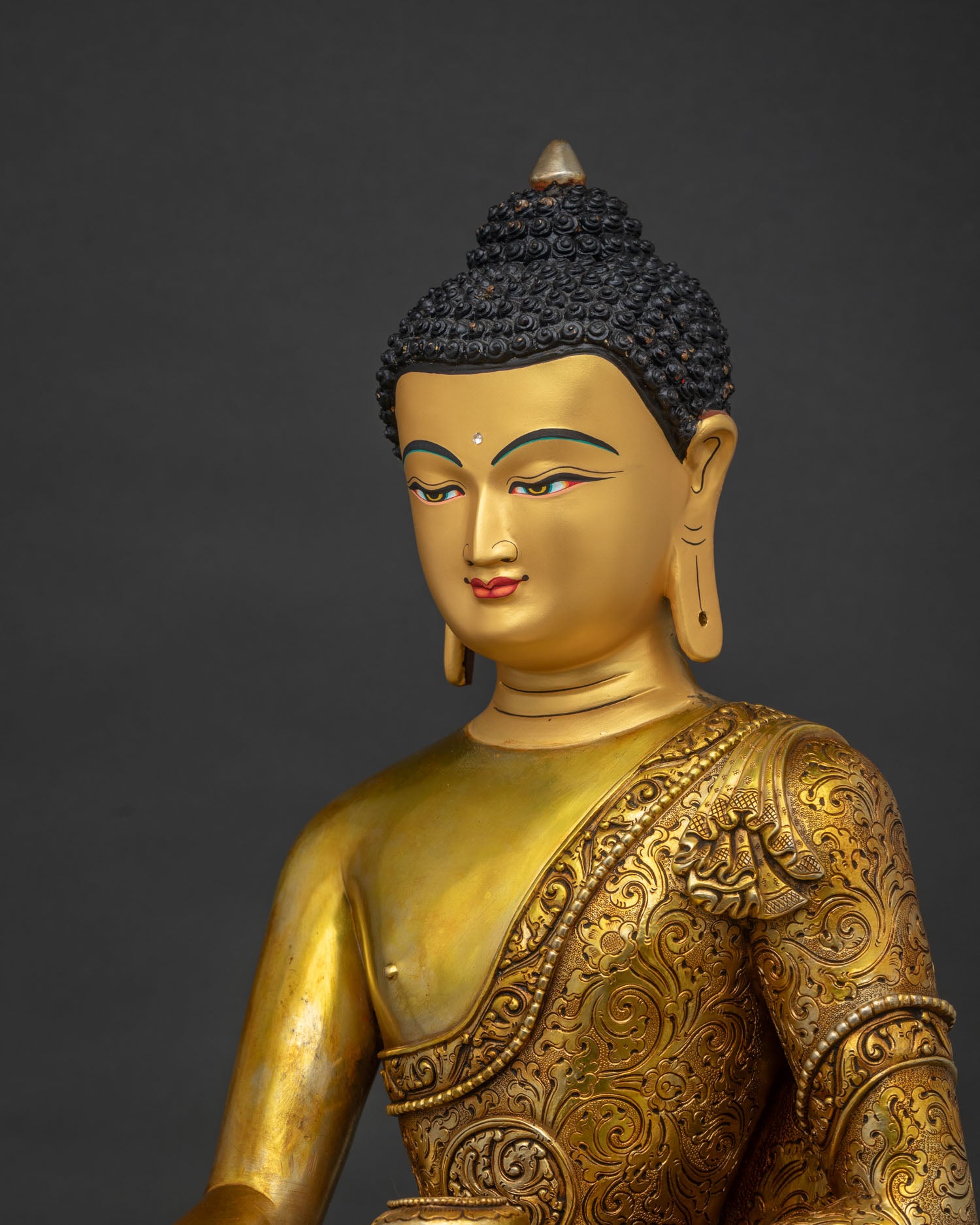 Shakyamuni Buddha Statue intricate robe and copper craftsmanship detailed side close up