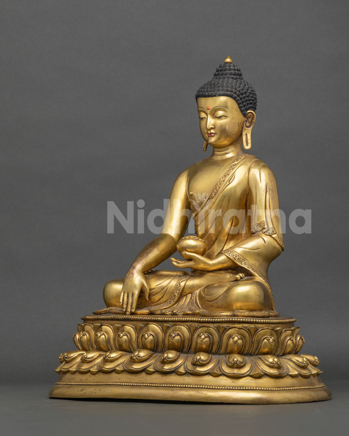 Shakyamuni Buddha Statue left profile, 24K gold fire-gilded finish