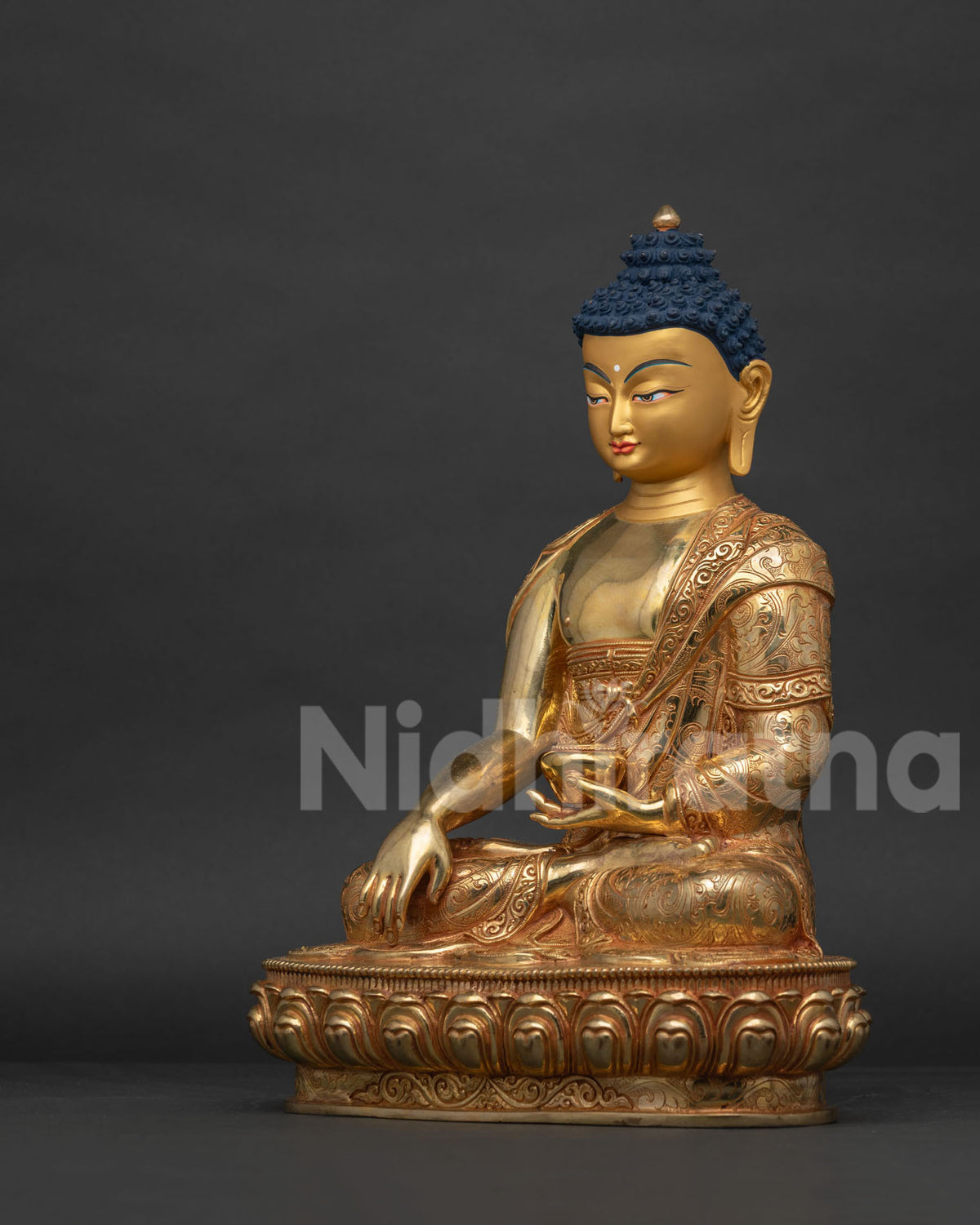 Shakyamuni Buddha Statue Left Side View Gold Gilded Copper Newari Craftsmanship