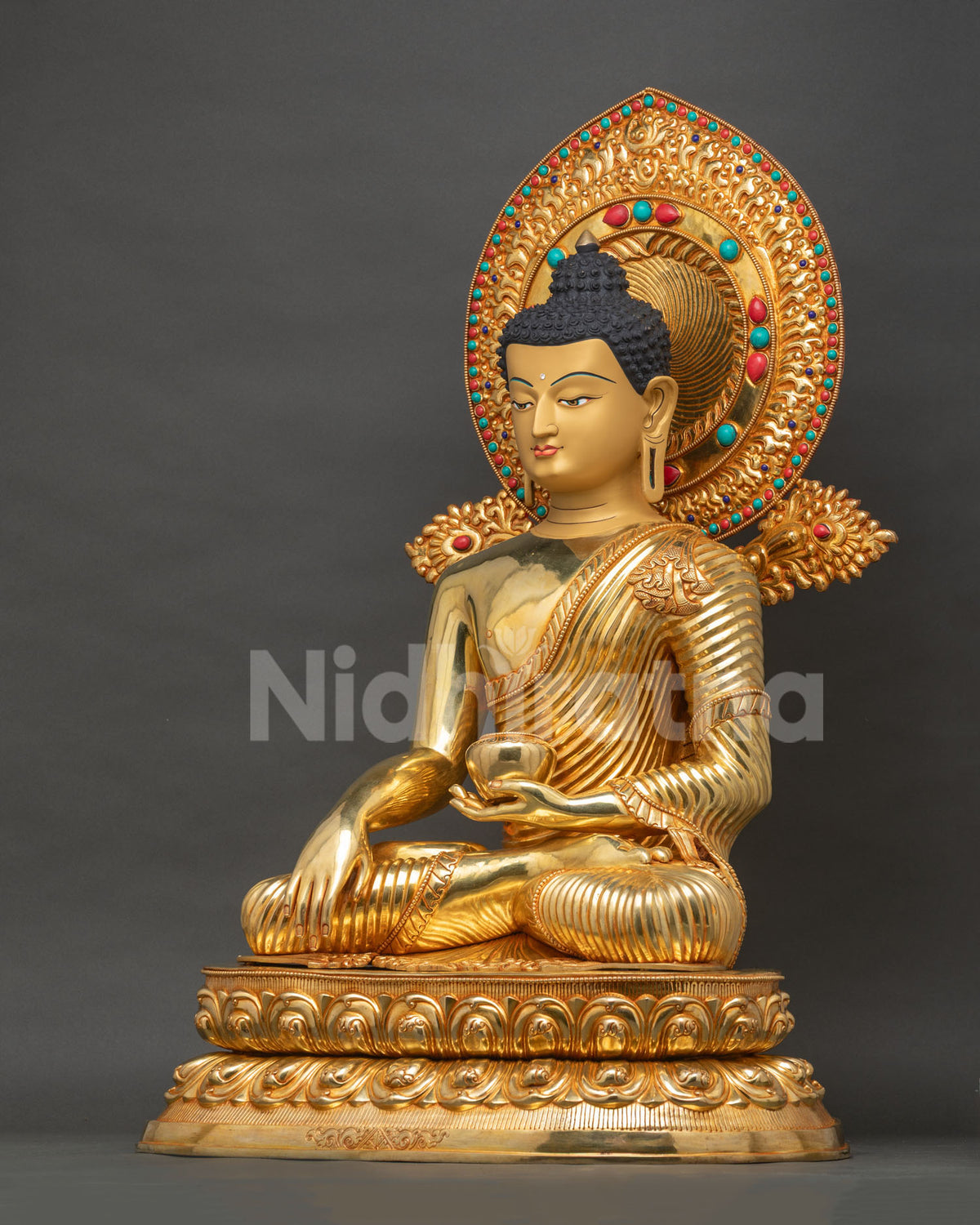 Shakyamuni Buddha Statue Left Side View | Gold-Gilded Copper