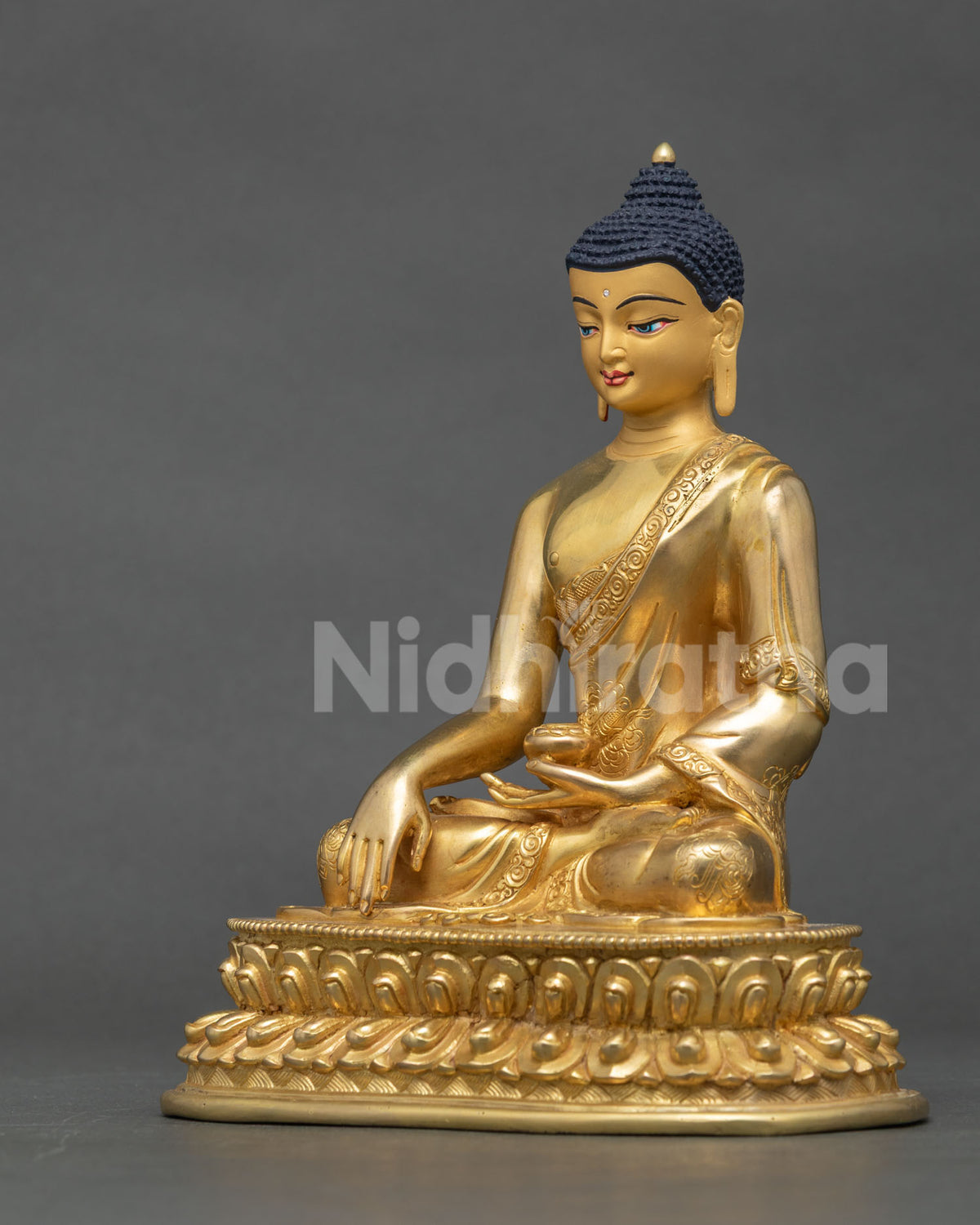 Shakyamuni Buddha Statue left side view, handmade copper gold gilded sculpture
