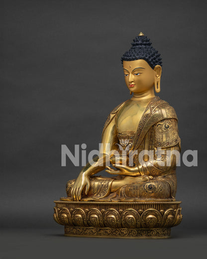 Shakyamuni Buddha statue left side view in handmade copper sculpture