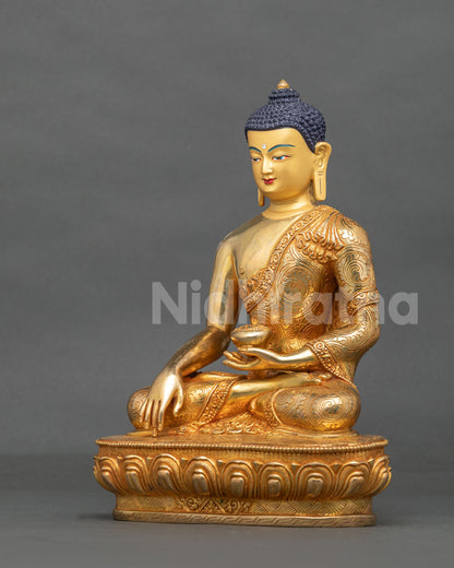 Shakyamuni Buddha Statue left view hand carved floral monk robe lotus seat.