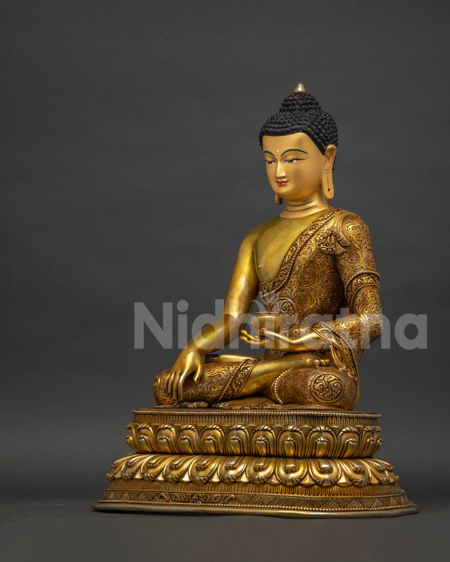 Shakyamuni Buddha Statue left view showcasing traditional Newari craftsmanship