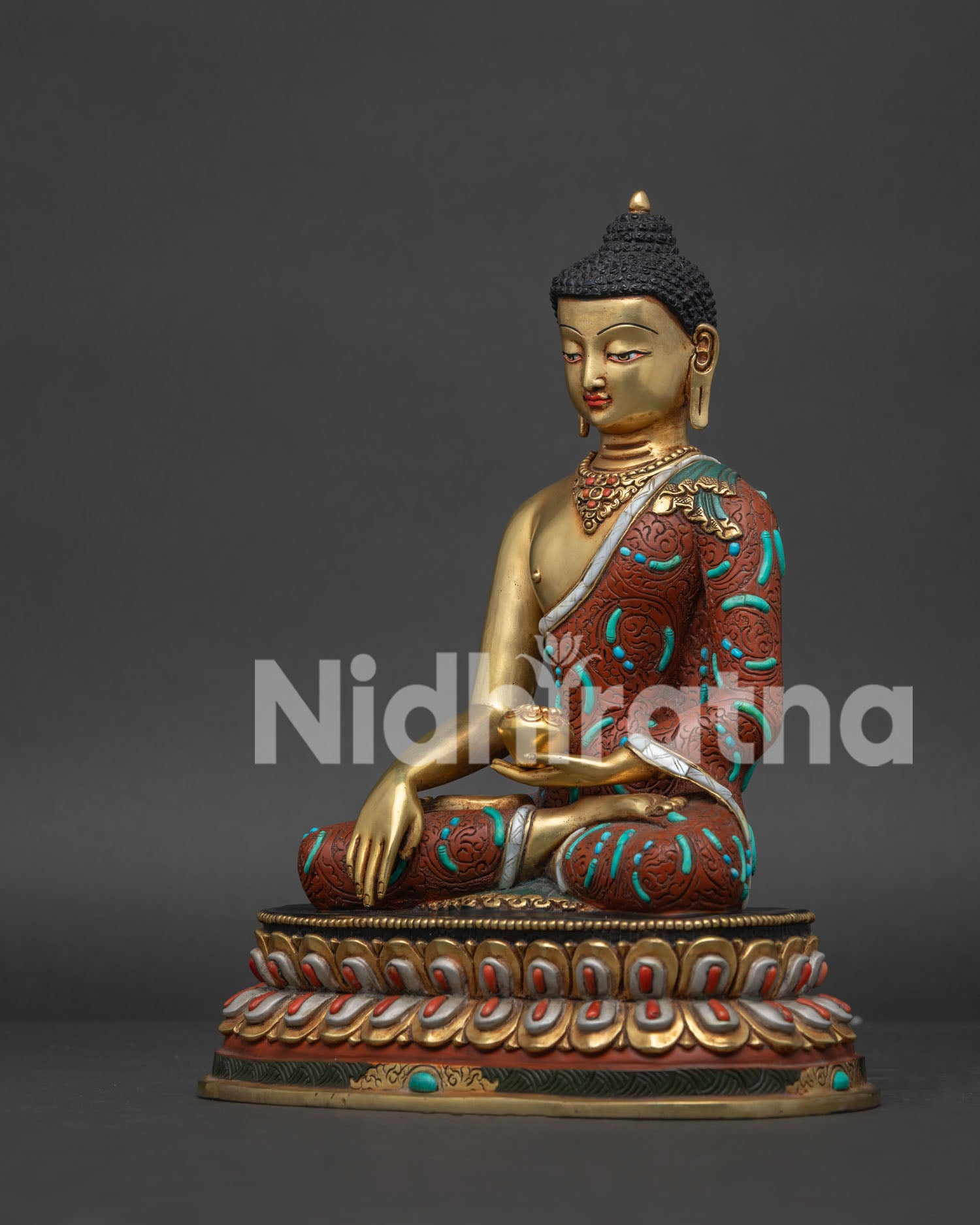 Shakyamuni Buddha Statue left view side showing gold gilded details and lotus throne