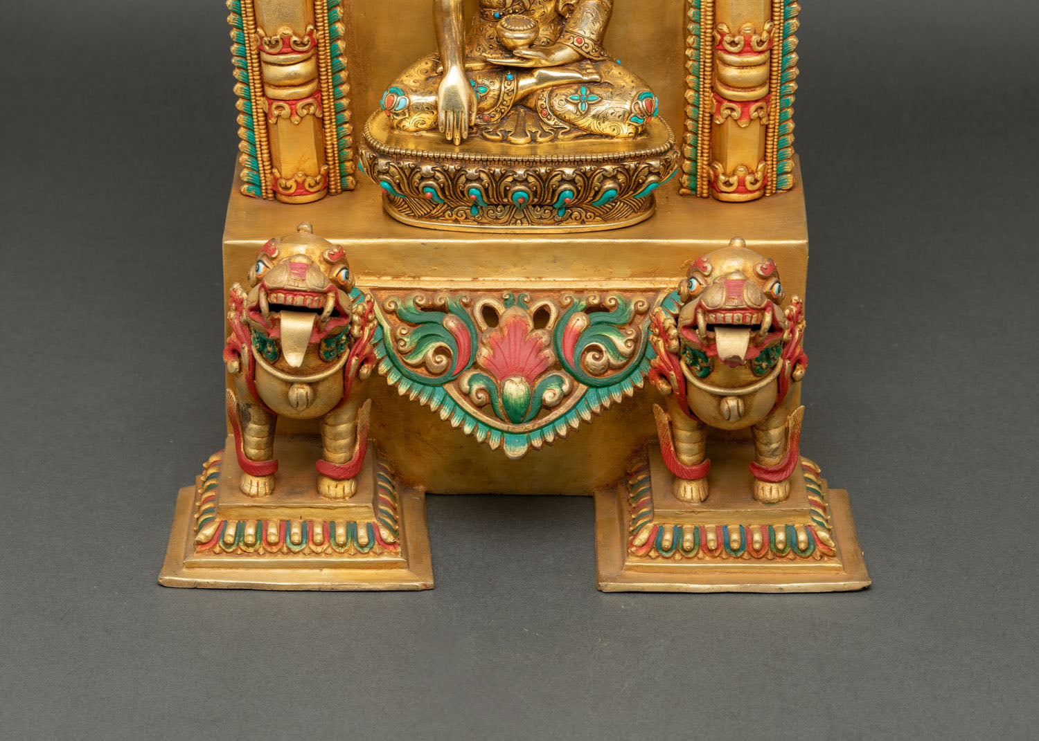 Shakyamuni Buddha statue lower front landscape with lotus base and decorative elements