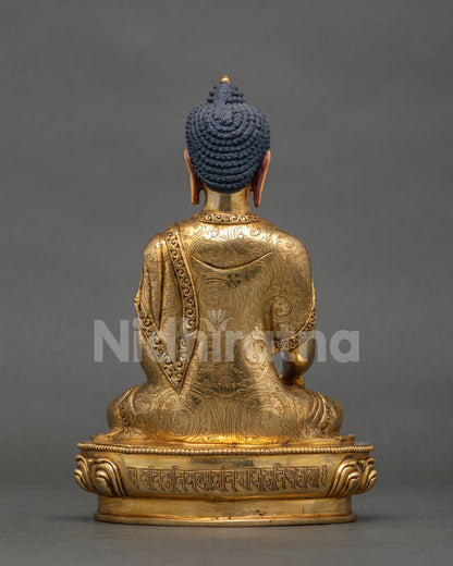 Shakyamuni Buddha statue Newari artistry copper gold gilded meditation altar.