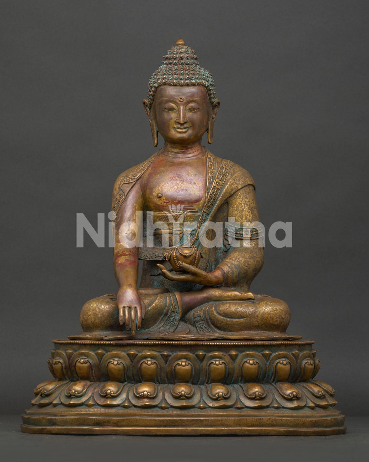 Shakyamuni Buddha statue on double lotus pedestal antique oxidized copper handcrafted in Nepal.