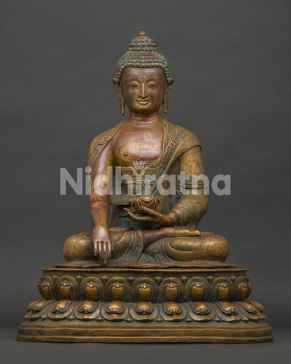 Shakyamuni Buddha statue on double lotus pedestal antique oxidized copper handcrafted in Nepal.