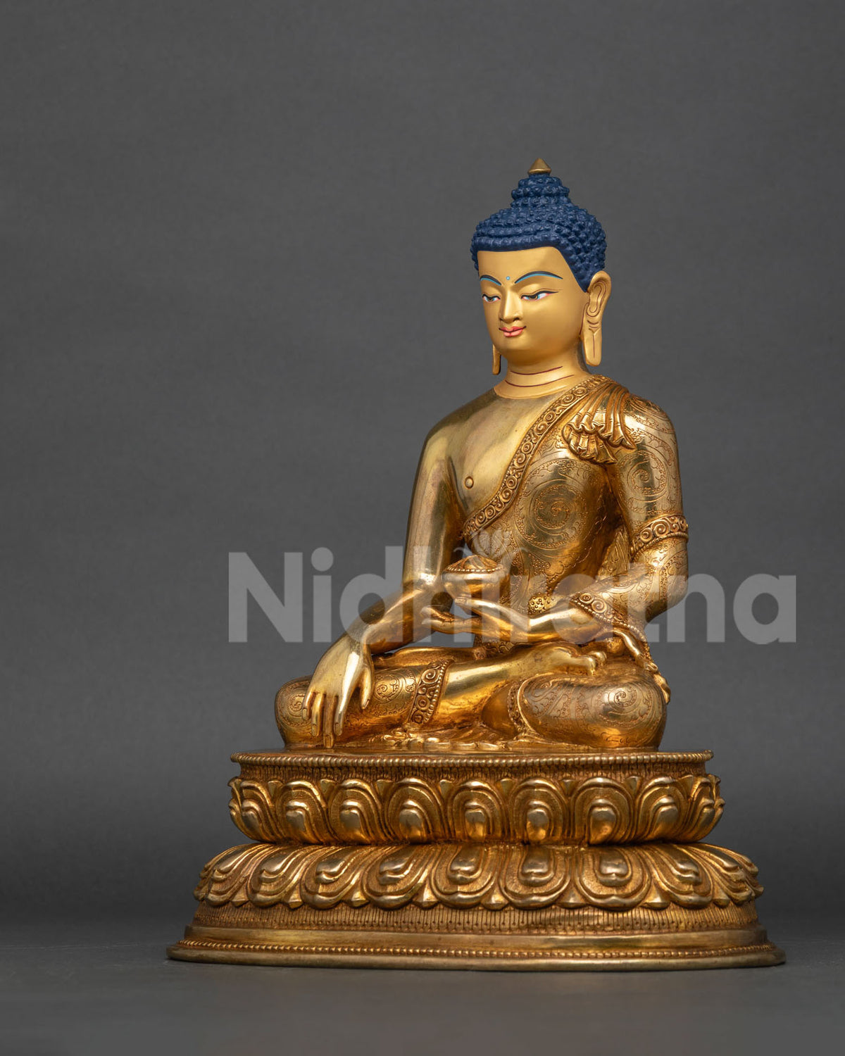 Shakyamuni Buddha statue on double lotus pedestal for Buddhist altar.