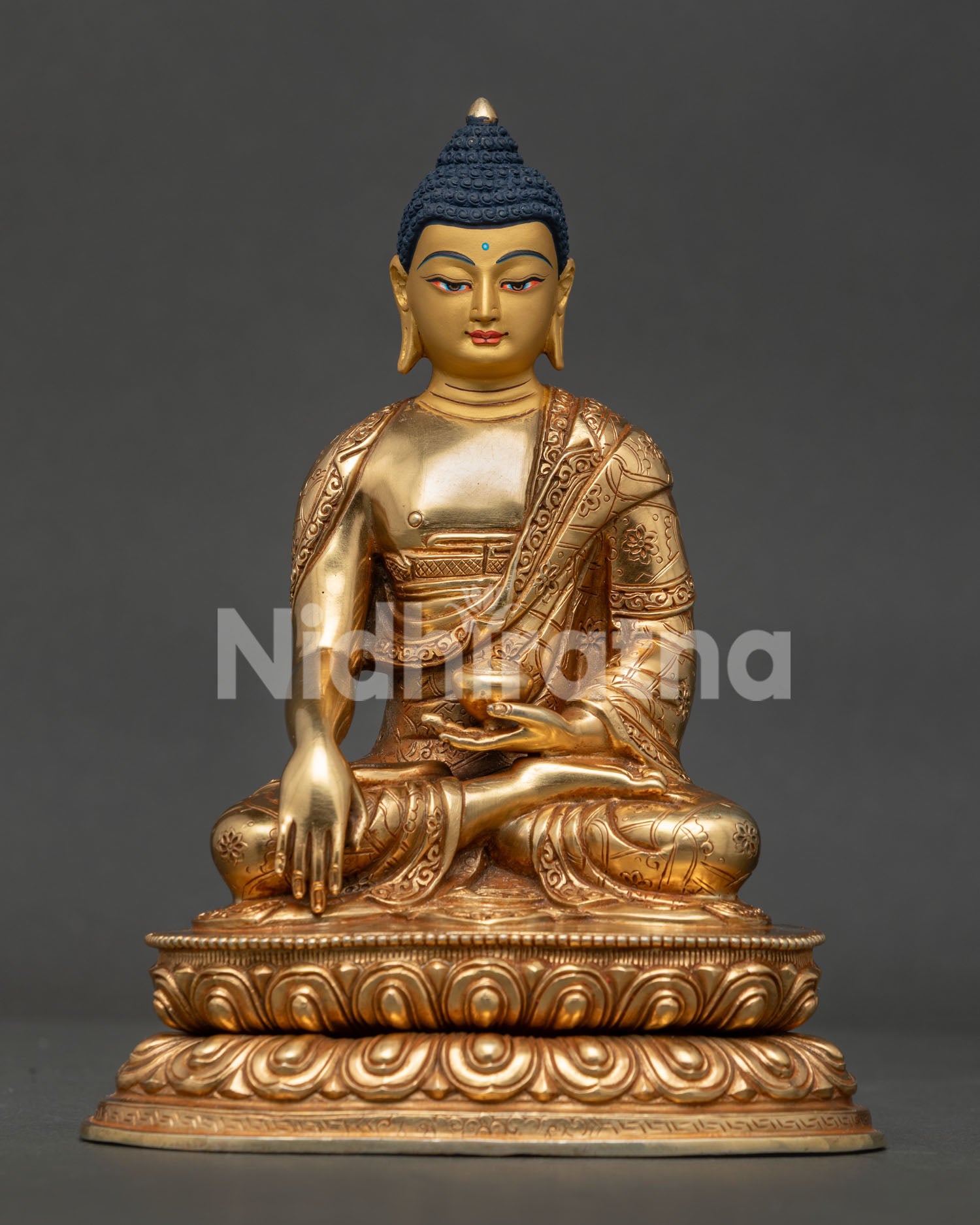 Shakyamuni Buddha Statue on Double Lotus Pedestal with 24K Gold Fire Gilded Copper Front View.
