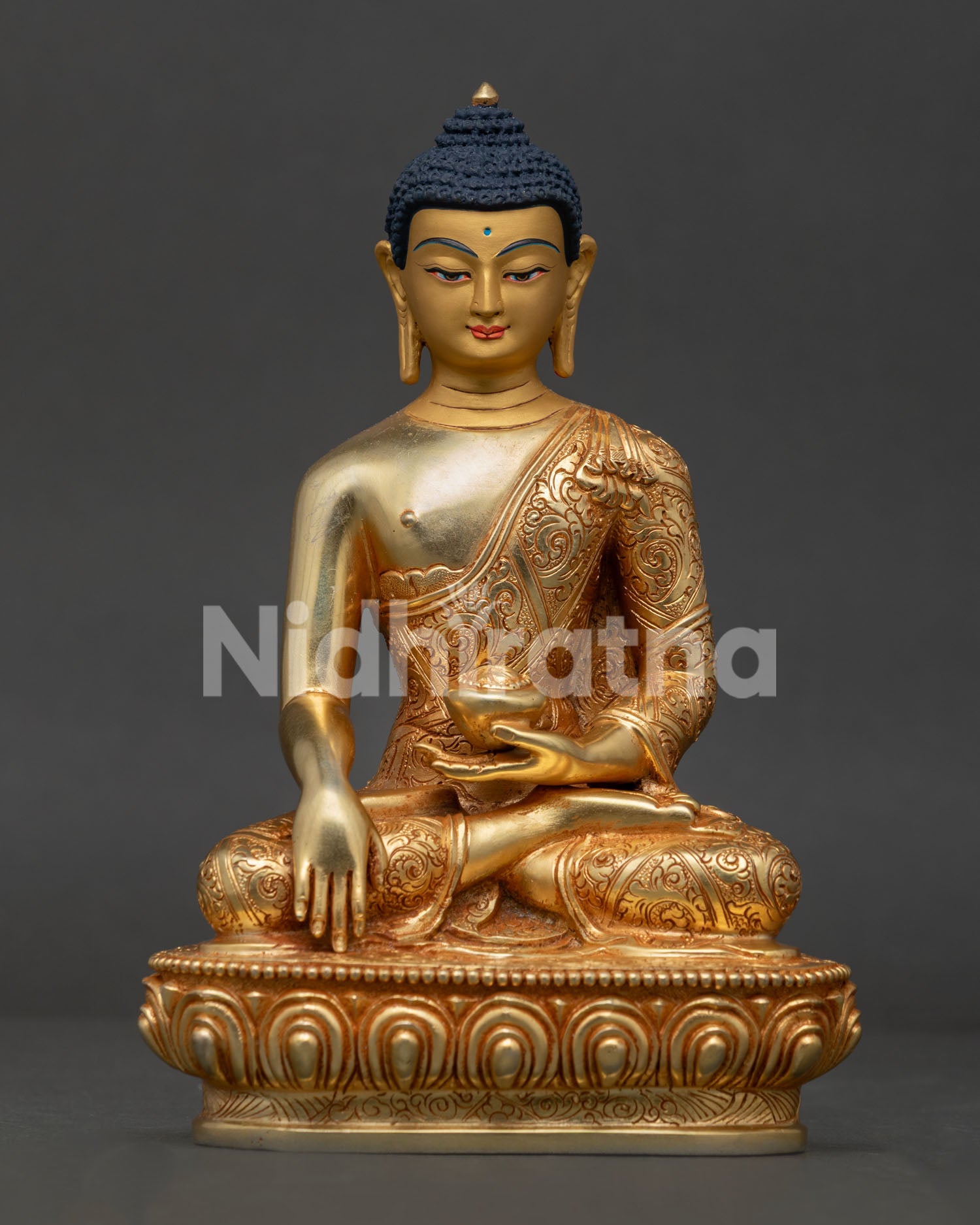 Shakyamuni Buddha Statue on Lotus Pedestal with 24K Gold Fire Gilded Copper.