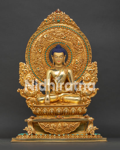 Shakyamuni Buddha statue on ornate throne, fire-gilded copper, Bhumisparsha Mudra, handcrafted in Nepal