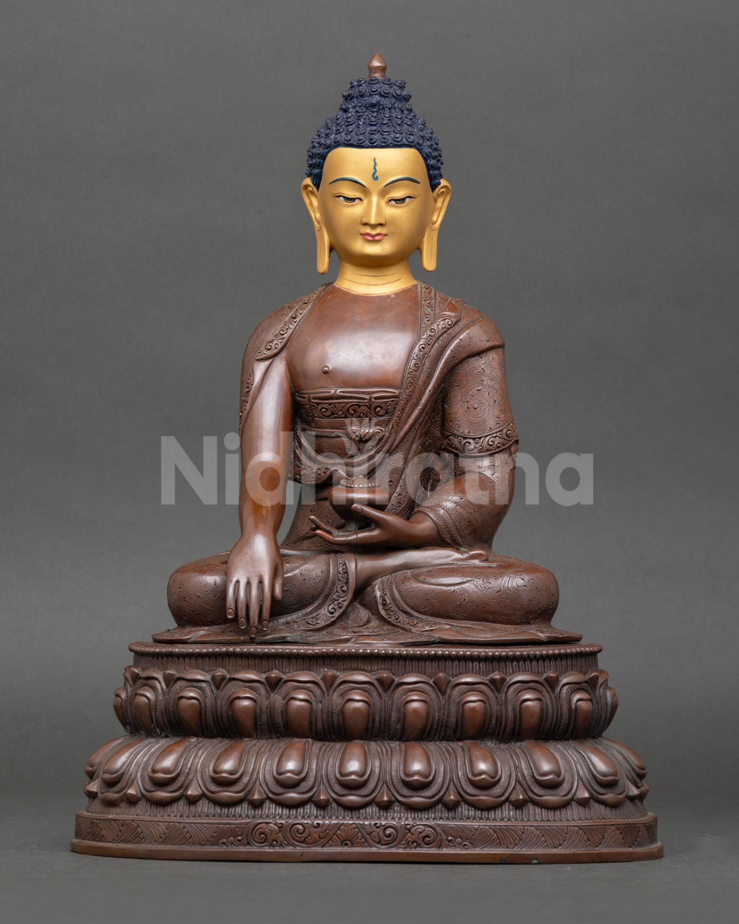 Shakyamuni Buddha Statue Oxidized Copper Front View Handmade Nepal Buddhist Sculpture